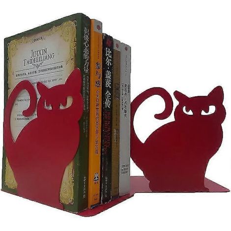 Serre-livres en métal épais, motif chat persan mignon et éclatant (rouge), idéal pour bibliothèque, école, bureau ou maison. (1/5)