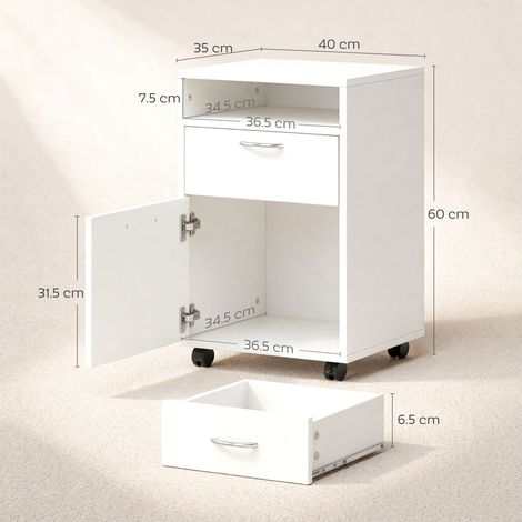 Armoire de bureau verticale à tiroirs, verrouillable, équipée de roulettes avec freins et d'une étagère ouverte. Compatible avec les formats Lettre, Légal et A4. Dimensions : 40 x 35 x 60 cm. Couleur (1/5)