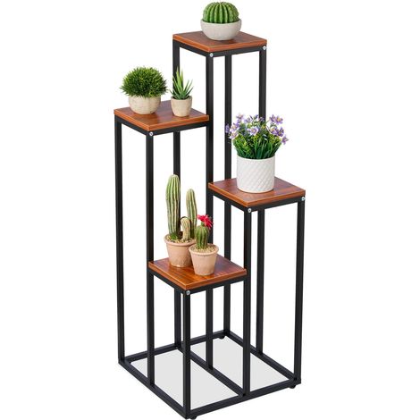 Relaxdays Blumentreppe, 4 Ablagen, HBT: 100 x 40 x 40 cm, platzsparend, Stahl, MDF, Design Blumenetagere, schwarz/braun