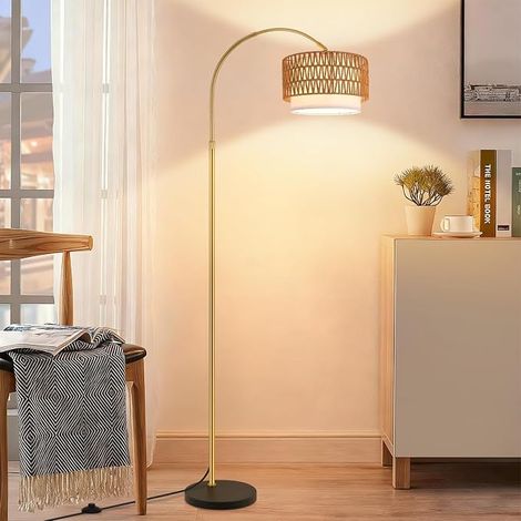 GBLY Lámpara de Pie Boho Ratán Arco Dorado Regulable Mando a Distancia E27 LED 165–180cm Altura Ajustable 350° Orientable Para Sala Dormitorio Oficina (1/5)