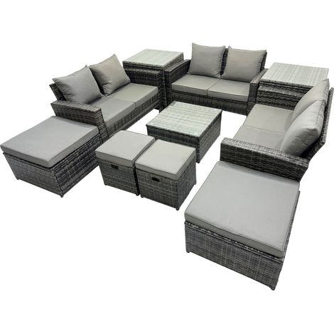 Fimous PE Rattan Garden Furniture Set Lounge Double Seat Sofa Coffee Table Set with 2 Side Tables 4 Stools Dark Grey Mixed (1/5)