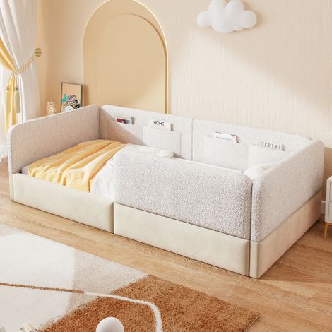 Lit simple capitonné 90x200 cm - avec barrières de sécurité - avec 4 poches de rangement - Velours + PU - Blanc (sans matelas)