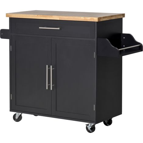 Chariot de cuisine multifonction avec tiroir, roulettes, étagère à épices et placard, meuble de cuisine avec étagère réglable, porte-serviettes et plateau en bois d'hévéa, 109 x 40 x 89 cm, noir
