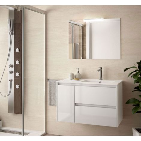 Mueble de baño suspendido de 85 cm en madera blanca brillo con lavabo a la derecha - Nova - Con espejo y lámpara LED