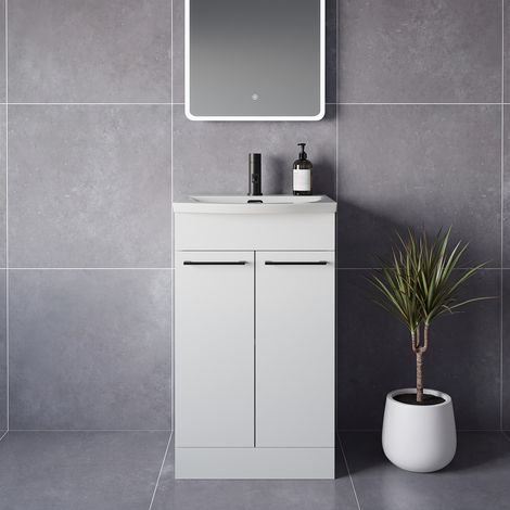 Napoli 390 Gloss White 500mm 2 Door Vanity Unit with Arc Basin - 500mm - Matt Black 160mm Handle