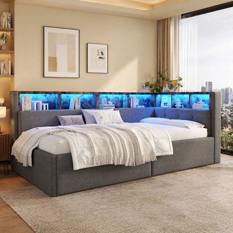 Sofá cama 90 x 200 cm con almacenaje hidráulico, LED multicolor y puertos USB y Tipo C, tapizado en tela gris para dormitorio juvenil y habitaciones pequeñas – CHICFURN (1/5)