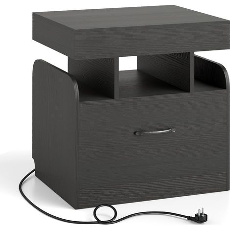 COSTWAY Comodino da Camera da Letto, Mobile Salvaspazio con Stazione di Ricarica, Cassetto, Vano Scorrevole, Vassoio e Ripiani Aperti, Comò per Soggiorno e Ufficio, 50 x 40 x 55 cm (Nero) (1/5)