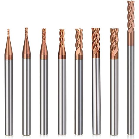Lot de 8 fraises à queue en carbure 4 flûtes, 1-4 mm CED TiSiN Coat Fraise hélicoïdale Bit VHM CNC Fraise à queue 55 HRC pour acier, alliage d'aluminium, cuivre (1/5)