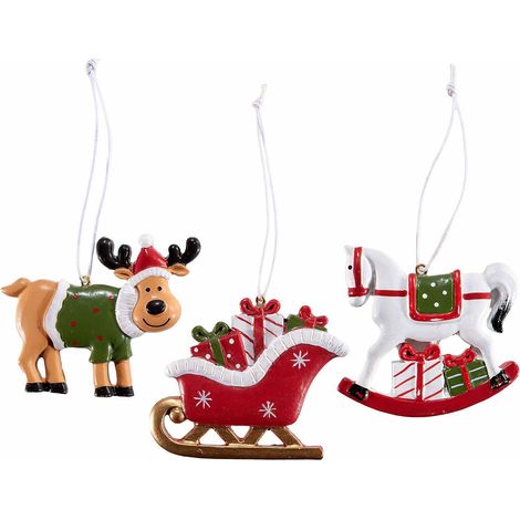 Decorazioni natalizie albero di Natale in resina da appendere a slitta, renna e cavalluccio, set da 18 pezzi, cm 7 x 6,5 H