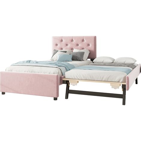 Lit Banquette Simple 90 x 200 cm en Velours avec Lit Gigogne et Tête de Lit Capitonnée, sans Matelas, Rose (1/5)
