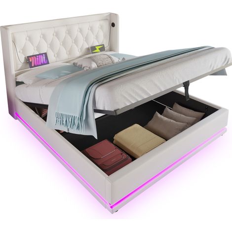 Lit coffre 180x200 cm en cuir régénéré blanc, tête de lit capitonnée avec USB et USB-C, LED 3 côtés, rangement hydraulique, sans matelas - CHICFURN (1/5)