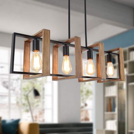 1 Lustre 4 têtes Bois et Métal noir, Hauteur réglable 40-140 cm, Ampoule E27 pour îlot cuisine (1/4)