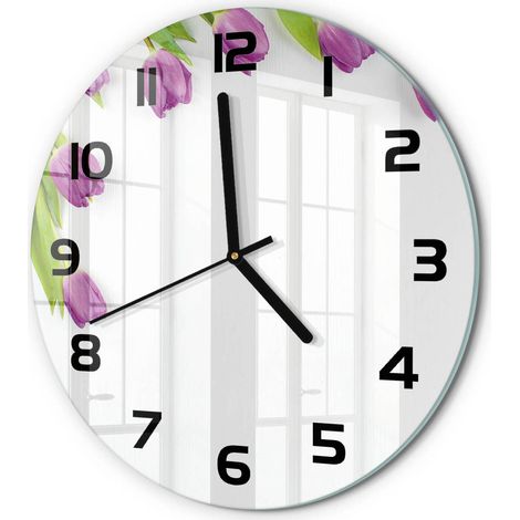 Horloge Murale Ronde Verre Trempé Silencieuse Décorative Salon Chambre Tulipes violettes fi 30 cm (1/5)