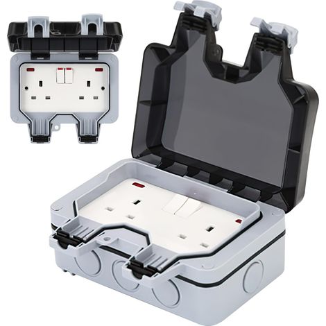 IP66 Double prise d'extérieur résistante aux intempéries avec interrupteur et couvercle verrouillable, 13 A 3000 W, prise électrique pour jardin, terrasse, prise murale étanche à la poussière (gris) (1/5)