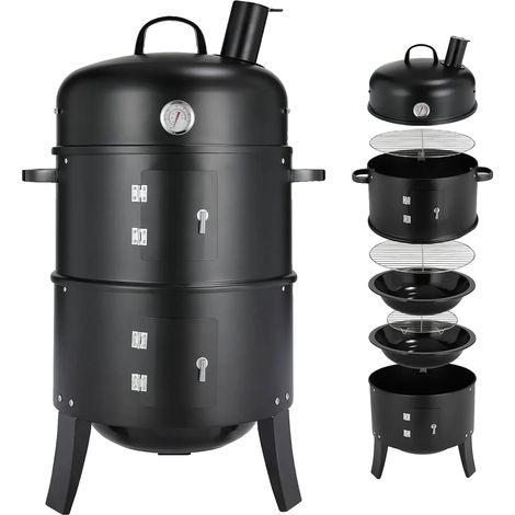 Gril Fumeur au Charbon, Design 3-en-1, Système de Ventilation Ajustable, Avec cheminée (1/2)