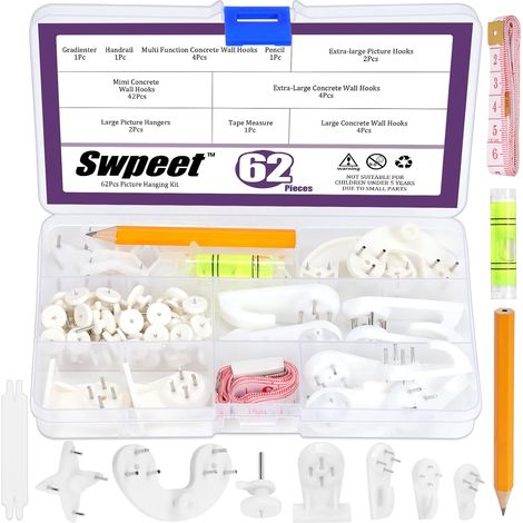 Kit de 68 crochets muraux en béton, crochets de suspension pour cadre photo, crochets de suspension invisibles, crochets muraux sans dommages pour cloison sèche, stuc, béton, murs durs pour (1/5)