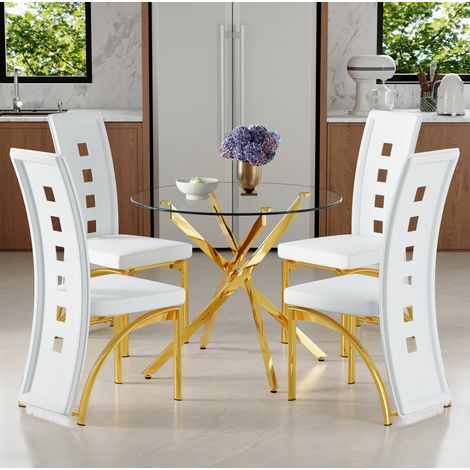 Ensemble table ronde en verre trempé 88 cm et 4 chaises, blanc et or (1/5)