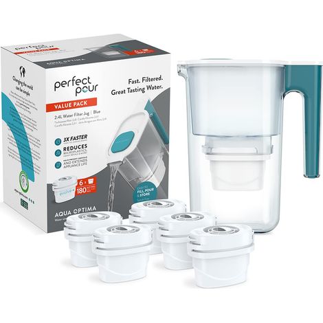 Carafe Filtrante et 6 Cartouches Filtrantes Evolve+ 30 Jours, Capacité 2,4 litres, Pour la Réduction des Microplastiques, du Chlore, du Calcaire et des Impuretés, Bleu (1/5)