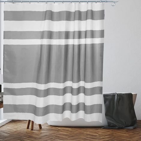 APEX Rideau de douche à rayures blanches et grises, anti-moisissures et résistant à la rouille  Dimensions : 28 x 18 x 5 cm  Tissu déperlant  100 % polyester (1/5)