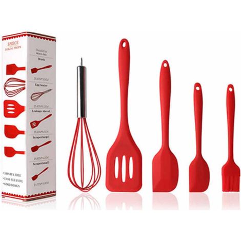 Ensemble de 5 ustensiles de cuisine en silicone rose ou rouge : fouet à œufs, cuillère, spatule, pinceau à huile, etc., avec boîte. (1/5)