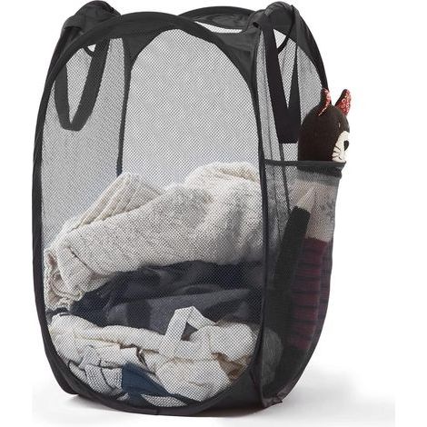 Panier à linge pop-up en maille avec poignées durables – Paniers à vêtements pliables portables pour dortoir, salle de bain et voyage (noir) (1/5)