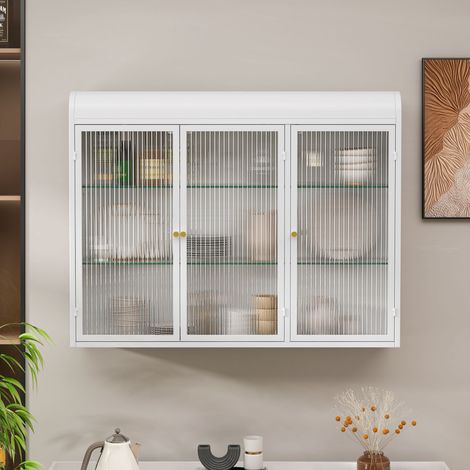 Armadio sospeso 90 cm, con 3 porte in vetro, 2 mensole, maniglia in metallo, stile scandinavo, armadio da cucina sospeso, soggiorno, cucina, bagno - Bianco