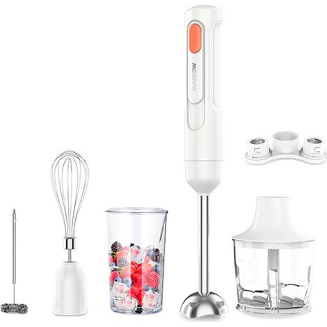 Mixeur plongeant sans fil WADFOW 60 W + accessoires - 5 en 1, blanc et acier inoxydable