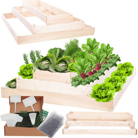 MODO24 ZP09 Carré potager surélevé en escalier modulable, bois de pin, herbes/légumes, jardin/terrasse/balcon, 27x117x100cm, naturel