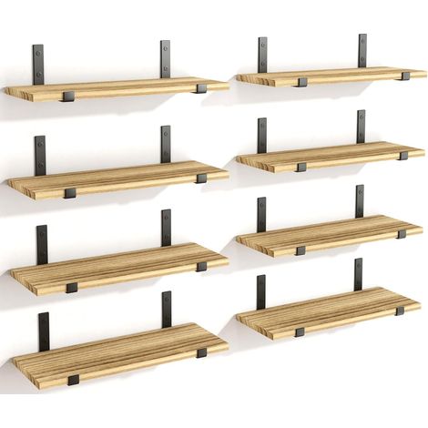 Set 8 Mensole da Parete in Legno Rovere Staffe Nero Scaffalatura da Muro 40x15cm