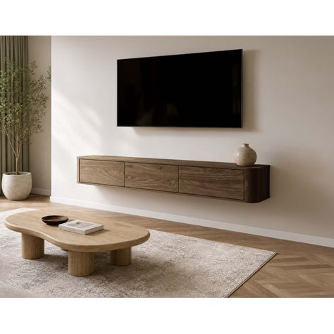 Mona - meuble tv suspendu 200 cm - 3 portes - effet noyer (1/5)