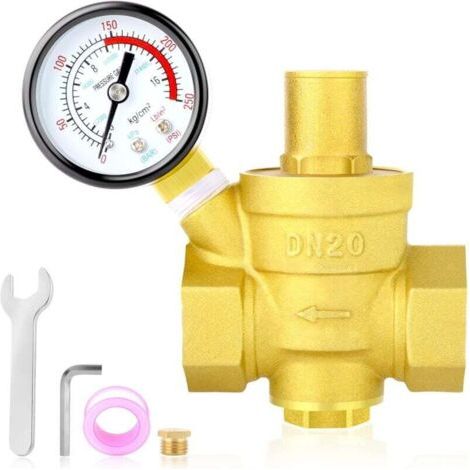 3/4-Zoll-Wasserdruckregelventil aus Messing, DN20-Druckminderventil mit Manometer (0–250 PSI). Gelbe Farbe, für den Hausgebrauch.