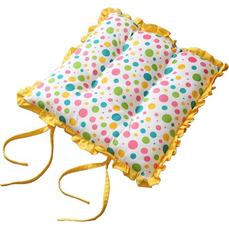 HOMESCAPES Reversible Yellow Frilled Cushion Seat Pad with Ties Polka Dots Multi