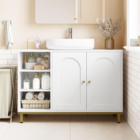 Meuble sous vasque simple 30x90x63 cm – MDF résistant à l'humidité – Accès facile avec portes doubles – Pieds en métal réglables