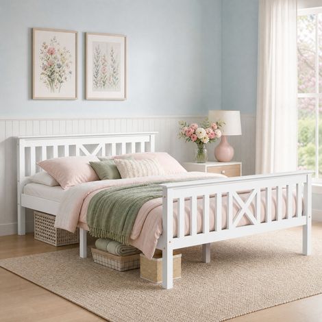 Lit double 140 x 200 cm en bois blanc avec tête de lit en X, pied bas, sommier à lattes intégré, espace sous le lit 24 cm, charge 150 kg – de FLORAGRACE (1/5)