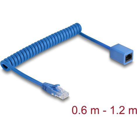 Delock Cable en espiral RJ45 macho a hembra Cat.6 UTP 0,6 m a 1,2 m azul