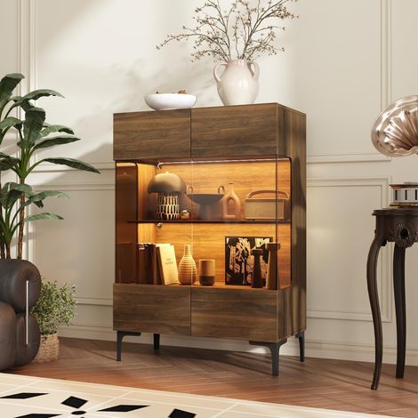 Glasvitrine mit LED, 3 Einlegeböden, Pop-up Türen, Braun (1/5)