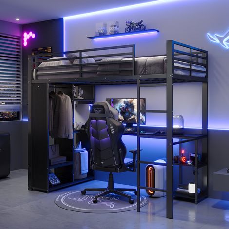 Lit mezzanine 90x200 cm en métal noir avec bureau intégré penderie étagères et ruban LED connecté - Lit surélevé avec prise USB Type-C pour ado (1/5)