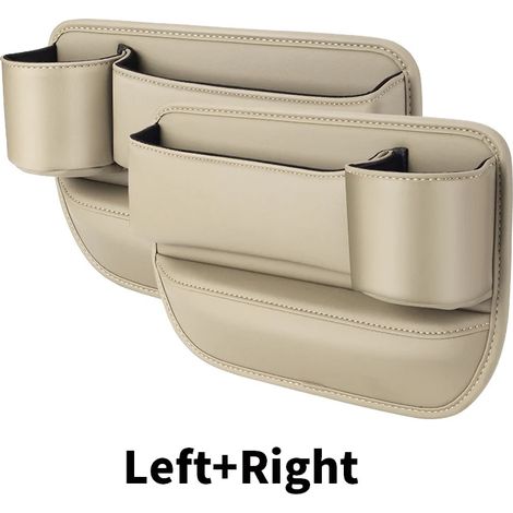 (1 paire - Beige) 2 organisateurs de voiture en cuir PU pour fentes de siège, avec poche et porte-gobelet/téléphone. Accessoires auto. (1/5)