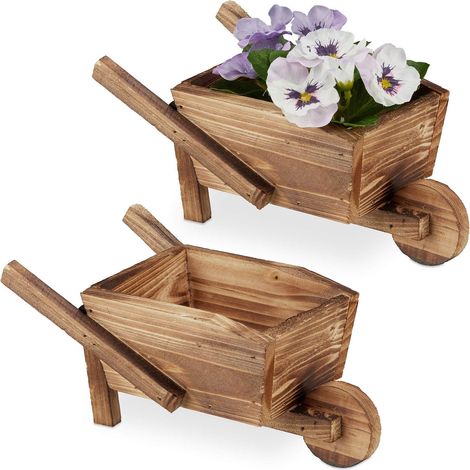 Brouette pour Plantes, Jeu de 2, Bois brûlé, Jardin décoration, Vintage, pour Plantes, HxlxP 10x22x12 cm (1/5)