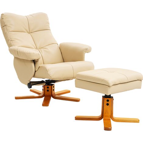 PU Lear Swivel Recliner Chair with Footstool, Wooden Base and Storage for Living Room, Beige (1/5)