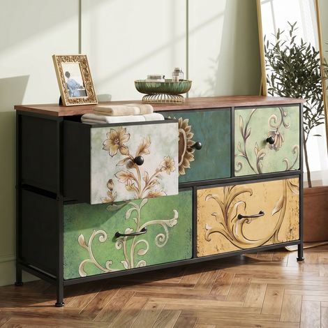 ADWOLT Commode 5 Tiroirs, Commode de rangement, Tissu Floral,structure en métal,pour salon, chambre, style bohème,100 x 30 x 55 cm
