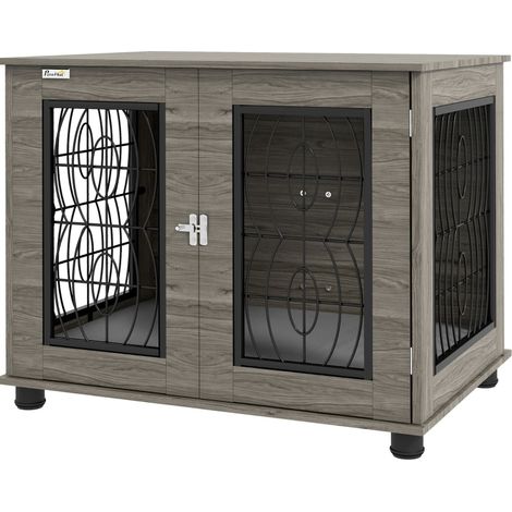 Gabbia per cani con cuscino, legno e metallo, 80 x 56 x 63 cm, grigia, fino a 20 kg (1/5)
