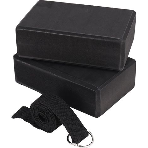 Lot de 2 blocs de yoga et 1 sangle de yoga en coton EVA de 1,83 m, souple et antidérapant, blocs de yoga universels, étirement et tonification, noir (1/5)