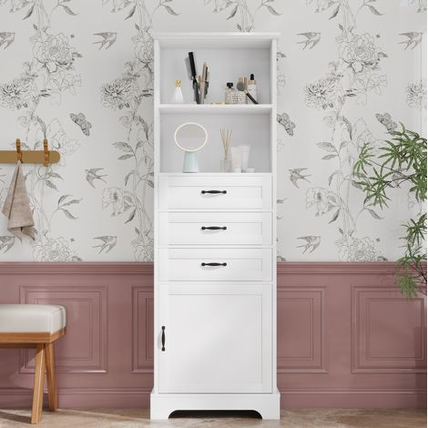 Armoire de salle de bain 56x25.6x167 cm blanche en MDF laqué avec 3 tiroirs, étagères ouvertes et tablette réglable (1/5)