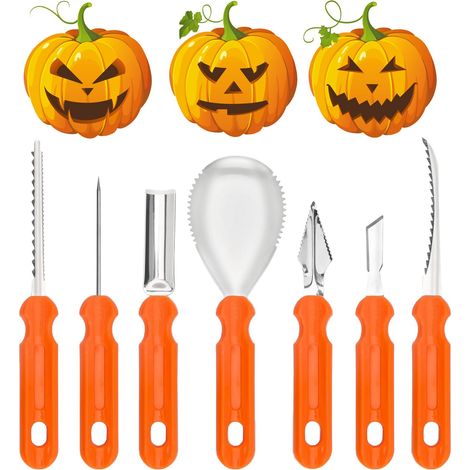 Kit Sculpture de Citrouille d'Halloween, 7 Pièces Outils de Sculpture de Citrouille en Acier Inoxydable, Couteau de Sculpture de Citrouille d'Halloween DIY, pour Enfants & Adultes, Facile & Sûr (1/5)