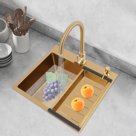 YISSALE-Lave-vaisselle 50 x 45 cm, couleur dorée. Lave-vaisselle en acier inoxydable. Lavabo rectangulaire complet avec robinet d'eau, distributeur de savon (1/5)