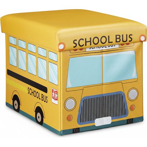 Coffre à jouets synthétique boîte couvercle tabouret pouf enfant pliable jaune (1/3)