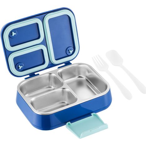 Bento Box per Bambini in Acciaio Inossidabile a Doppio Strato, Lunch Box a 3 Scomparti a Tenuta Stagna, Contenitore per Alimenti in Metallo Verde per Scuola, Ufficio e Attività all'Aperto (Blu) (1/5)