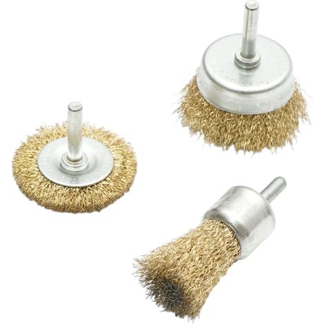 Set di 3 spazzole circolari in filo metallico: diametro 50 mm (coppa 50 mm, spazzola 25 mm, asta 6 mm), velocità massima 4500 giri/min. Breckner Germany (1/5)