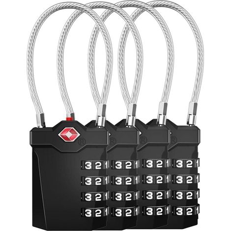 4er Set TSA Zahlenschloss mit Kabel, 4-stellig, für Koffer und Spind, Schwarz (1/5)